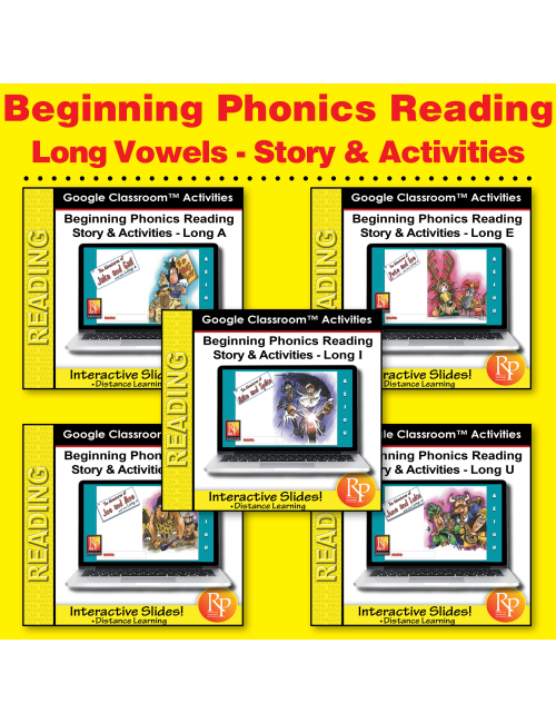 Beginning Phonics Reading- Long Vowels SET- GOOGLE CLASSROOM ACTIVITY SLIDES