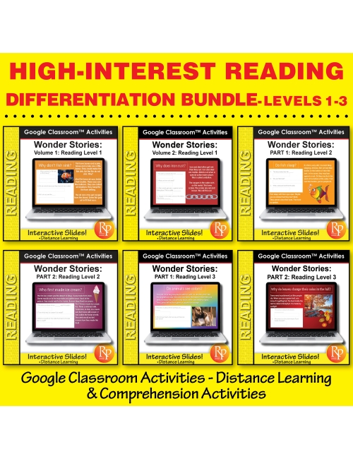 HIGH INTEREST READING GOOGLE CLASSROOM DIFFERENTIATION BUNDLE "I Wonder" Stories