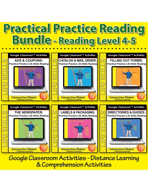 Google Slides Bundle: PRACTICAL PRACTICE READING: Forms, Ads, Labels, News etc.