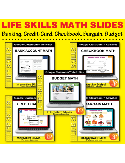 Life Skills Math GOOGLE SLIDES: Banking, Credit Card, Checkbook, Bargain, Budget