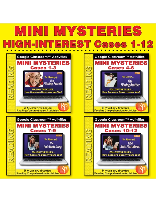 12 Mini Mysteries & Scaffolded Reading Activities (Cases 1-12) Google Set