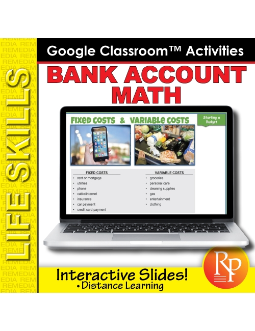 BANK ACCOUNT MATH: Life Skills GOOGLE SLIDES Activities- money, debit...