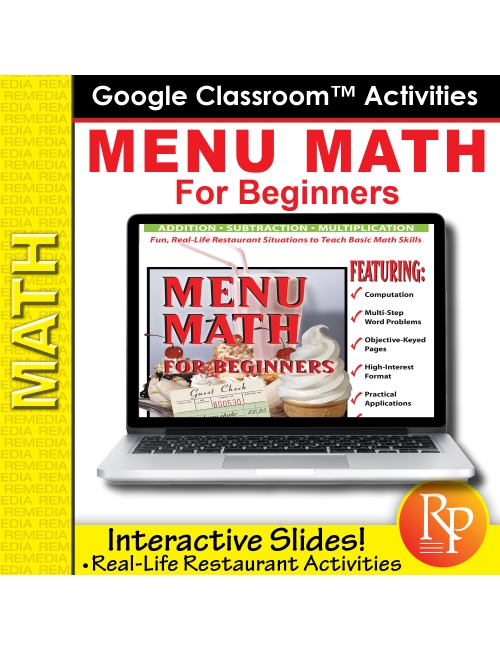 MENU MATH FOR BEGINNERS- 187 GOOGLE SLIDES! Add, Subtract, Multiply, Decimals