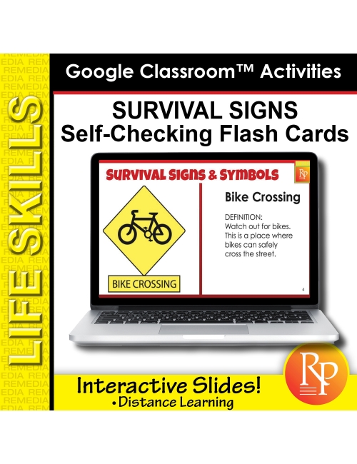 191 Google Slides: SURVIVAL SIGNS, SYMBOLS: SELF CHECKING FLASH CARDS Special Ed