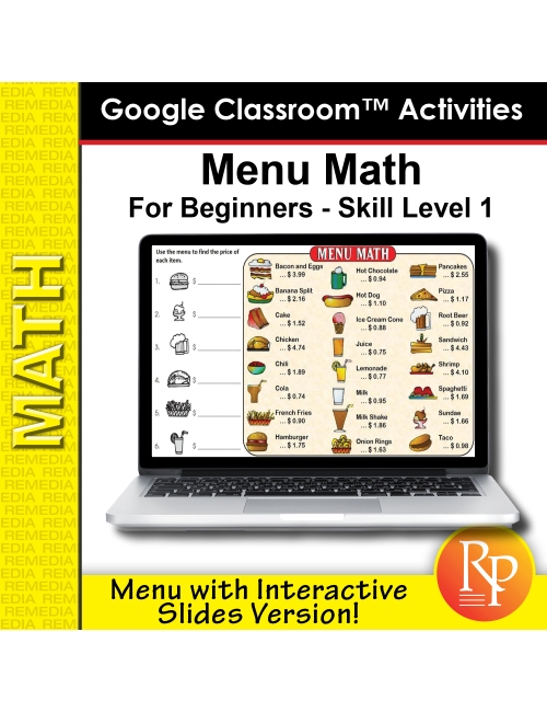 Google Classroom: Menu Math for Beginners Level 1 - Menu with Slides Version