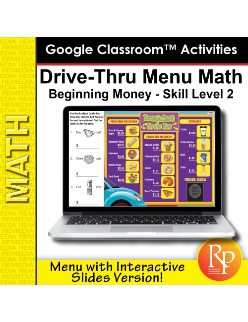 Drive-Thru Menu Math Beginning Money Skills Level 2 - Menu with Slides Version