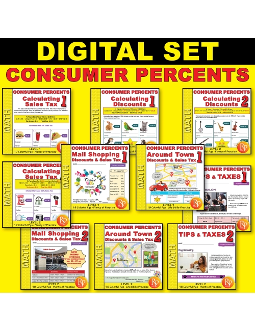 Consumer Percents Set: Discounts - Sales Tax - Tips - Word Problems